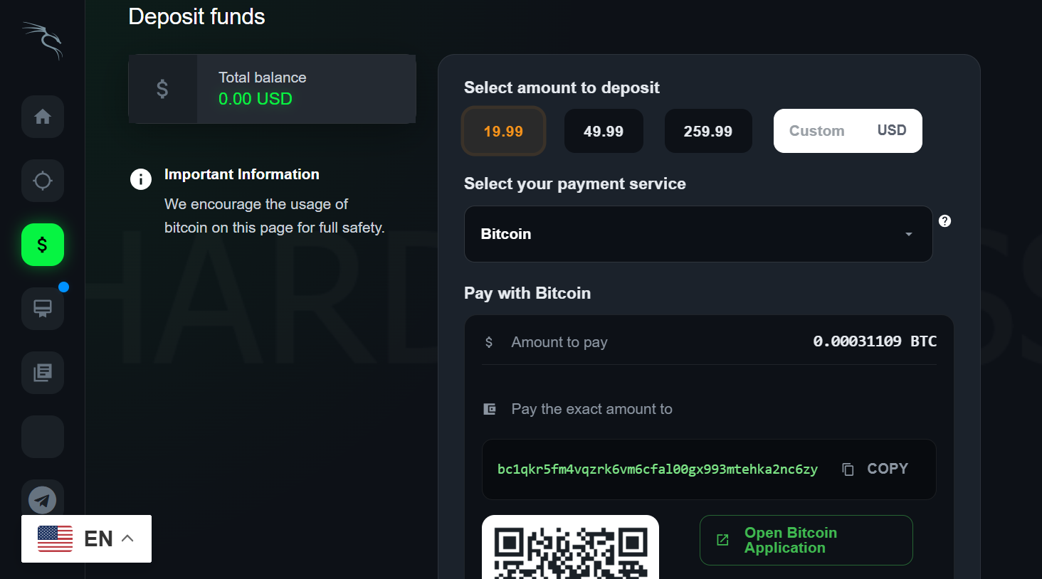 hardstresser.st payment page with BTC address bc1qkr5fm4vqzrk6vm6cfal00gx993mtehka2nc6zy