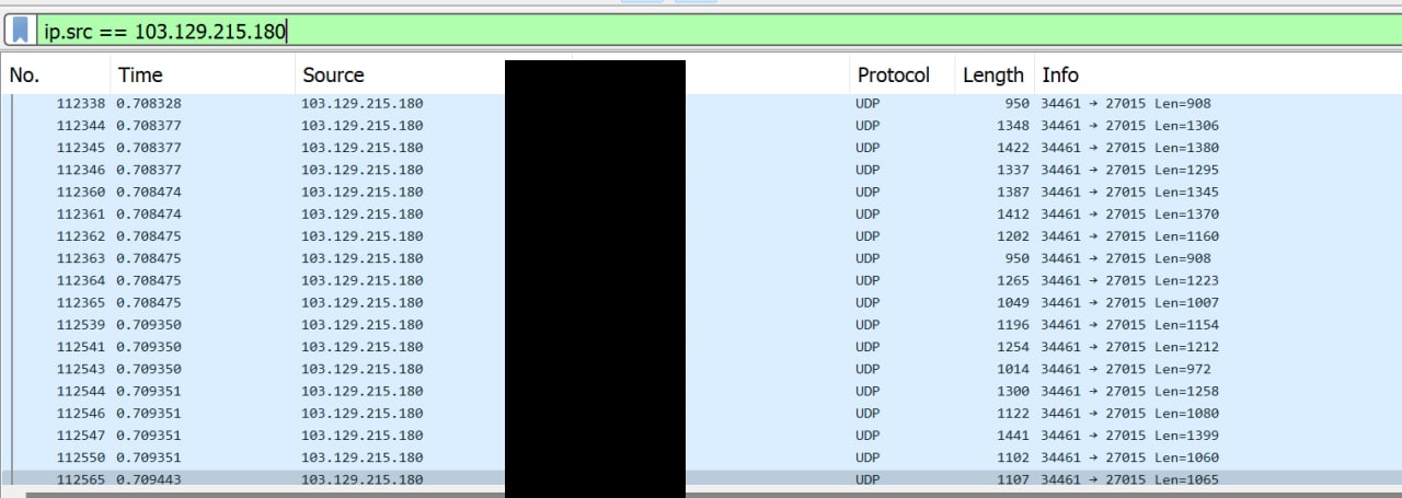 Wireshark capture of hardstresser.st UDP flood: exactly 100 distinct residential source IPs
